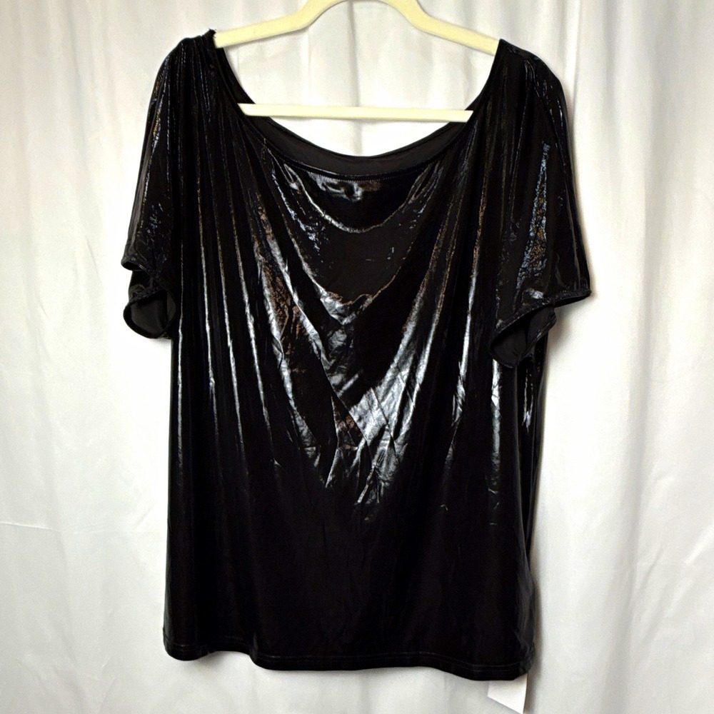 Metallic Women's Black Shiny Cowl Neck Dolman Short Sleeve Stretch Blouse XL